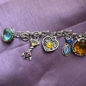 Vintage Silver Charm Bracelet with Multicolor Gemstones